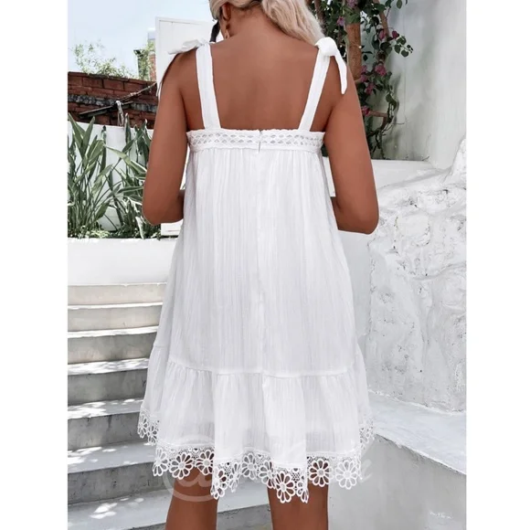 White A-Line Short Dress Tie Straps Guipure Detail - Picture 5 of 7